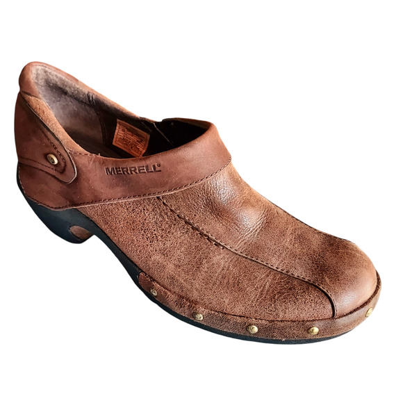 Merrell Luxe Wrap Espresso Brown Oiled Nubuck Leather Womens Clogs Stud Trim 7.5 - Picture 1 of 9
